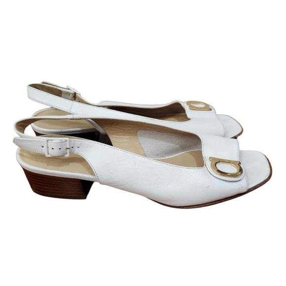 Salvatore Ferragamo White Leather Logo Accent Peep Toe Low Heel Slingbacks 7B - Picture 5 of 12